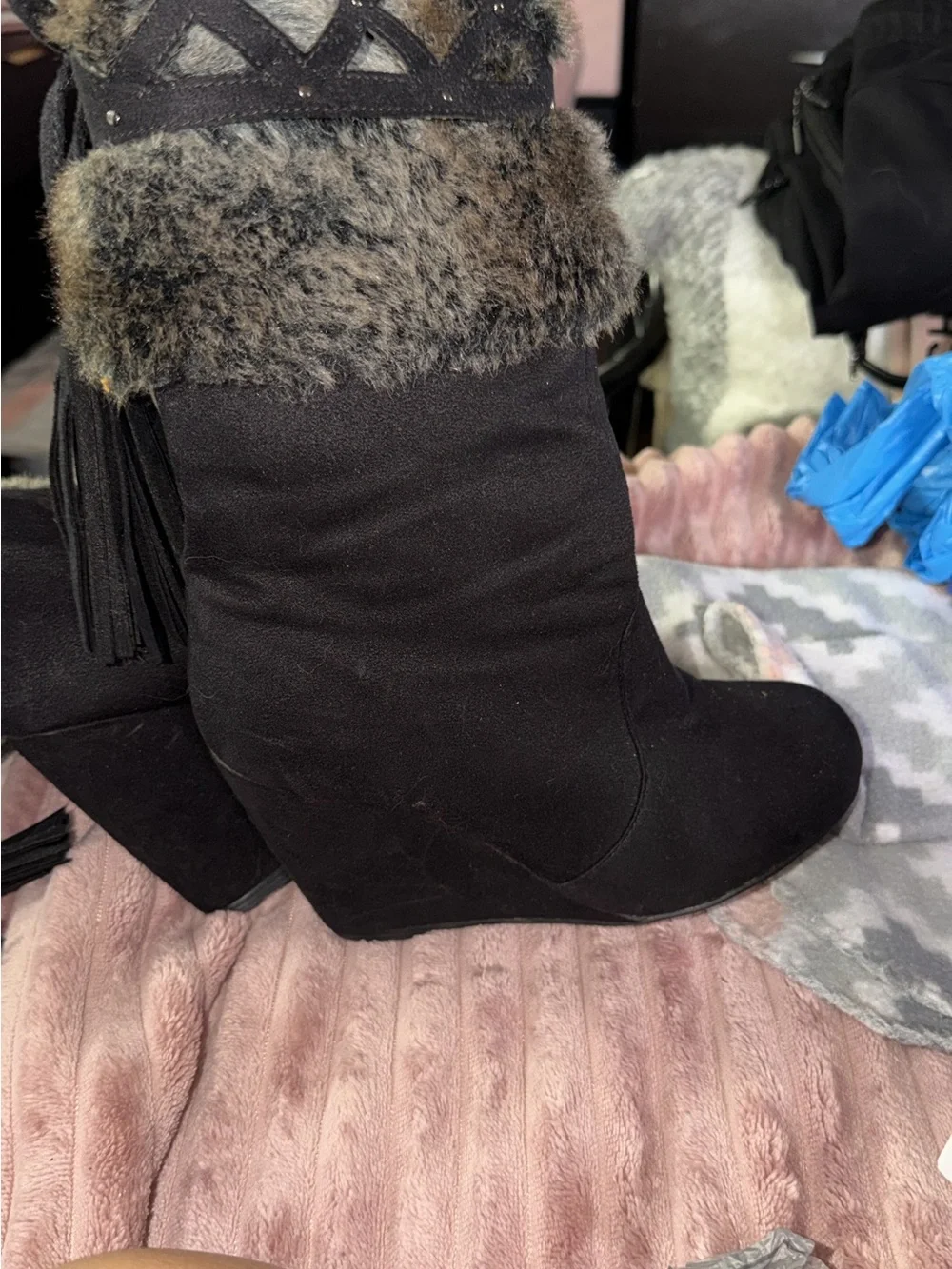 Women’s Black Faux-Fur Trim Wedge Boot